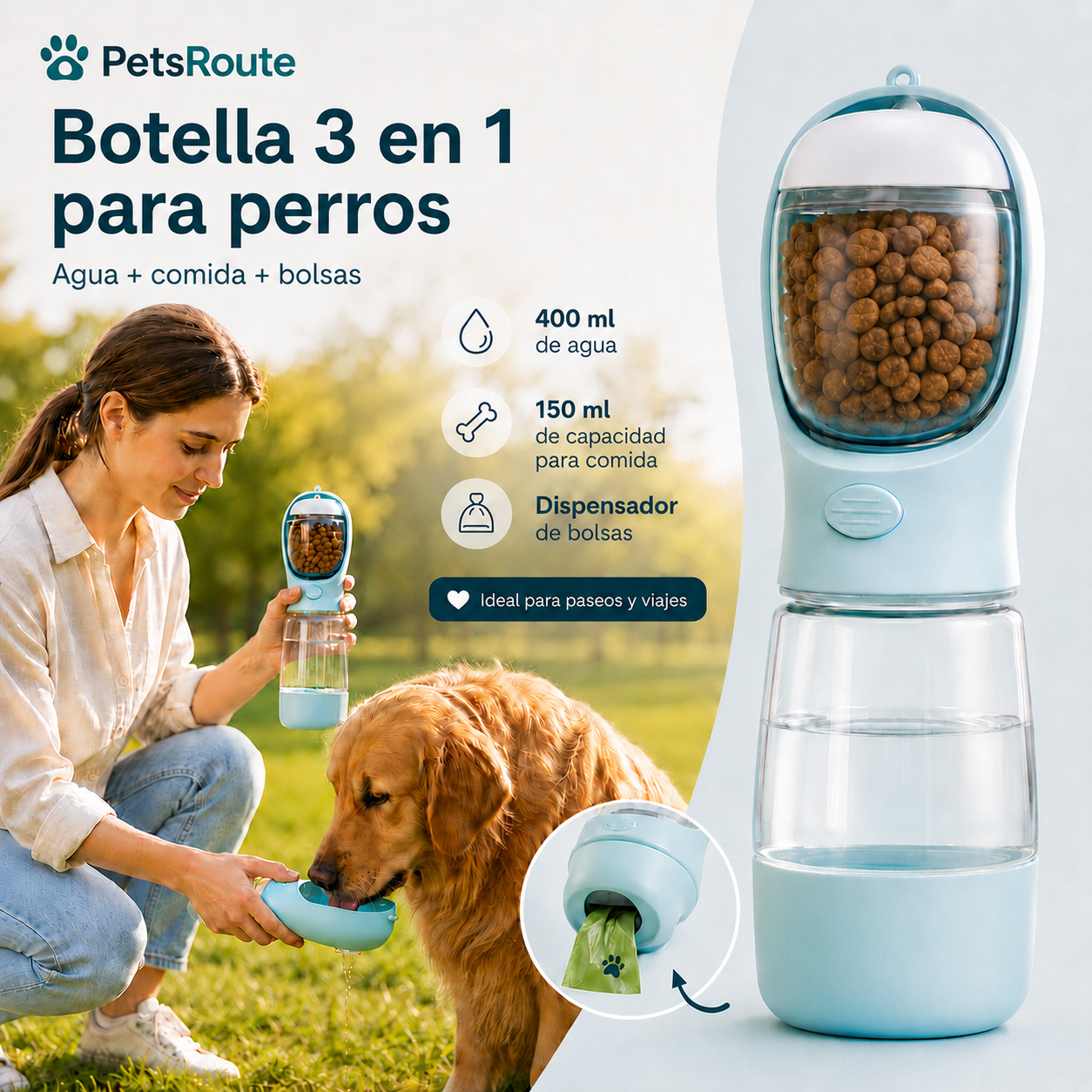 Botella 3 en 1 para perros | Agua, comida y bolsas