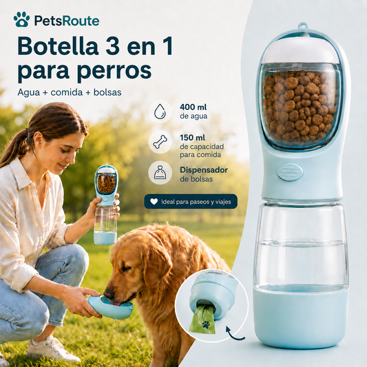 Botella 3 en 1 para perros | Agua, comida y bolsas