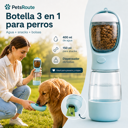 Botella 3 en 1 para Perros | Agua, Snacks y Bolsas
