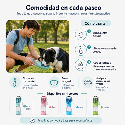 Botella 3 en 1 para perros | Agua, comida y bolsas