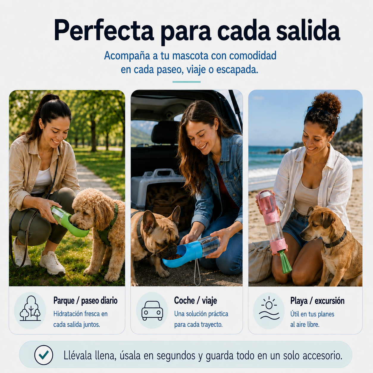 Botella 3 en 1 para perros | Agua, comida y bolsas
