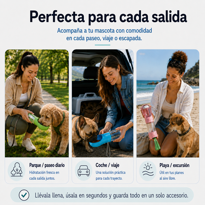 Botella 3 en 1 para perros | Agua, comida y bolsas