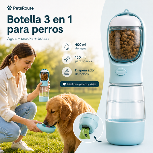 Botella 3 en 1 para Perros | Agua, Snacks y Bolsas